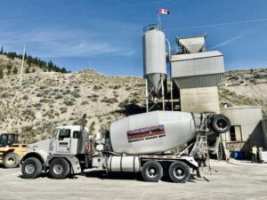 MRM ready mix concrete truck delivering on-site in Merritt and the Nicola Valley for fast, efficient construction service.