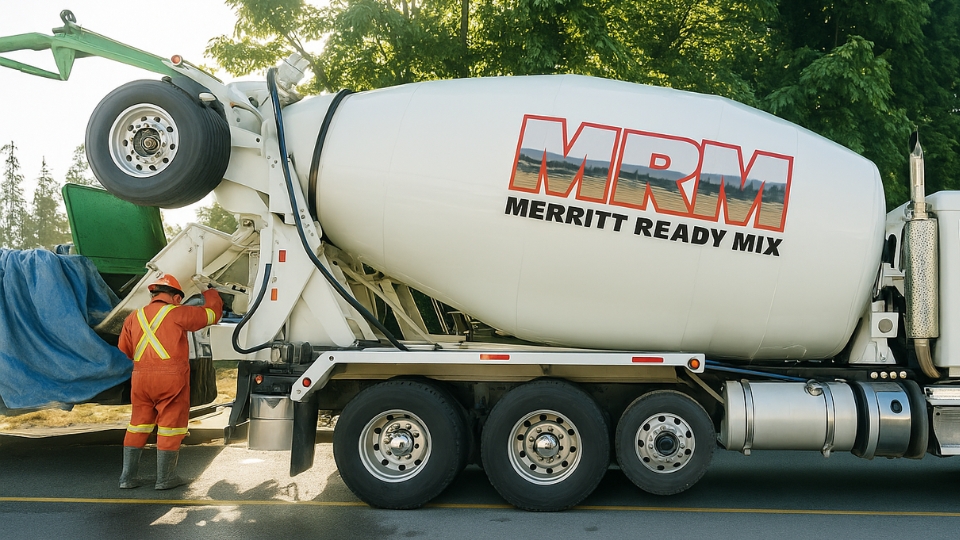 Ready mix concrete being delivered by truck in Merritt, BC.
