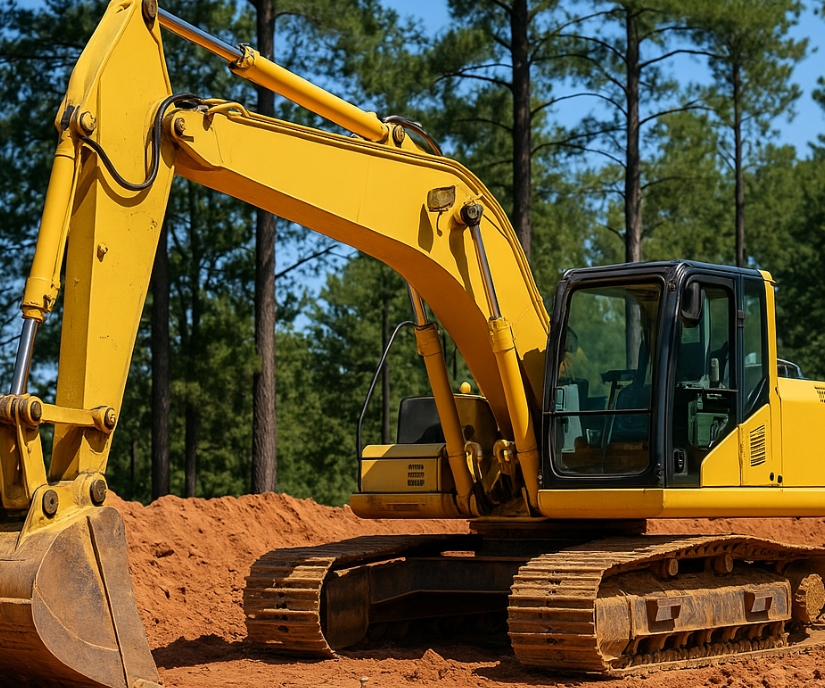 Yellow excavator available for equipment rental at a construction site.