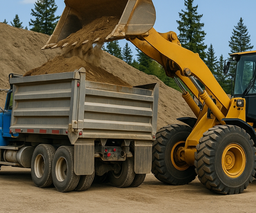 Yellow loader lifting gravel into a dump truck, available for equipment rental.