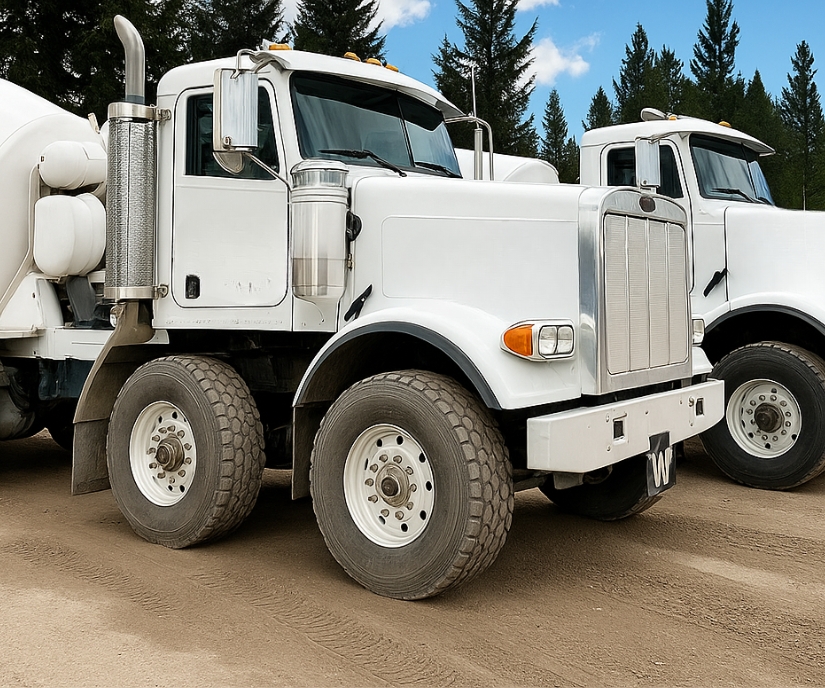 White concrete mixer trucks lined up and ready for equipment rental service.