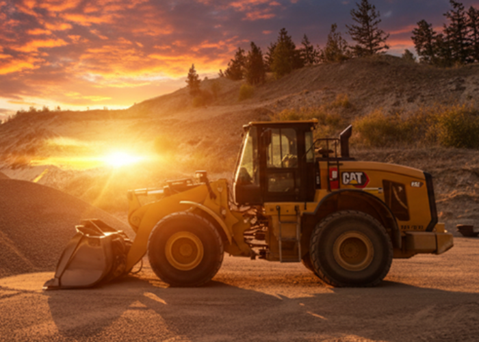 Wheel Loader Rental in Merritt BC moving aggregate at the MRM quarry. Commercial equipment for construction.