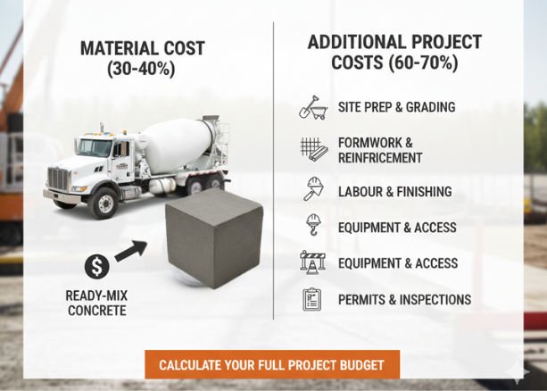 Concrete price per yard vs total project cost infographic with MRM mixer truck and budget breakdown.