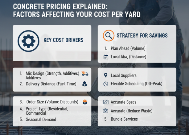 An infographic for Merritt Ready Mix explaining the concrete price per yard, detailing key cost drivers like mix design, delivery distance, and order size to help contractors and homeowners calculate project costs.