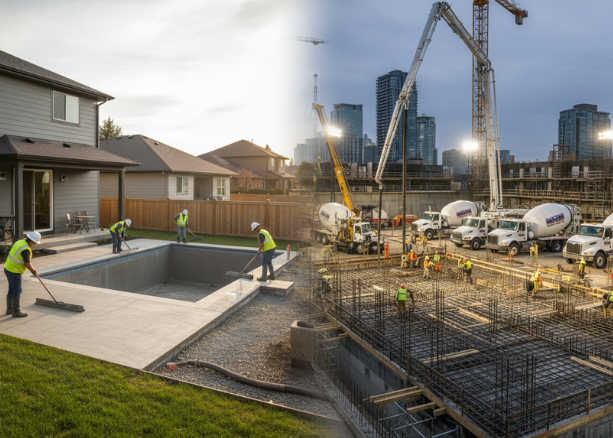 A split-screen comparison showing residential and commercial applications to illustrate how the concrete price per yard varies by project type, featuring a backyard pool deck and a large-scale urban construction site.